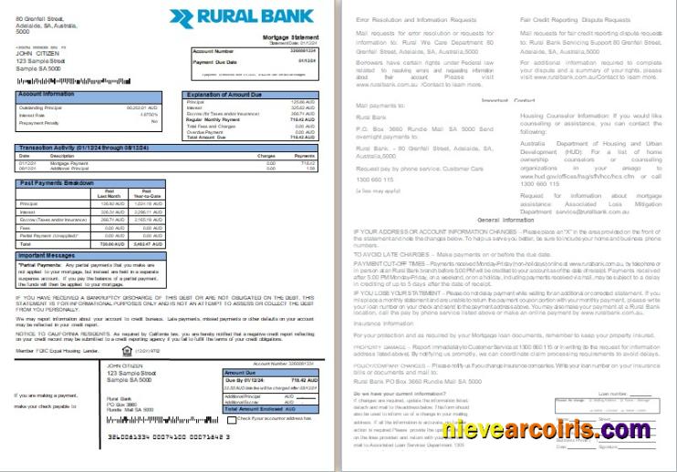 Australia Rural bank mortgage statement, 2 pages, 1-2